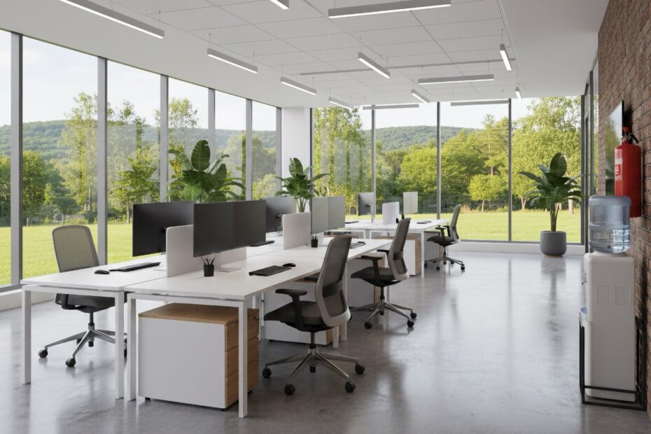 Modern office with a view of green hills.
